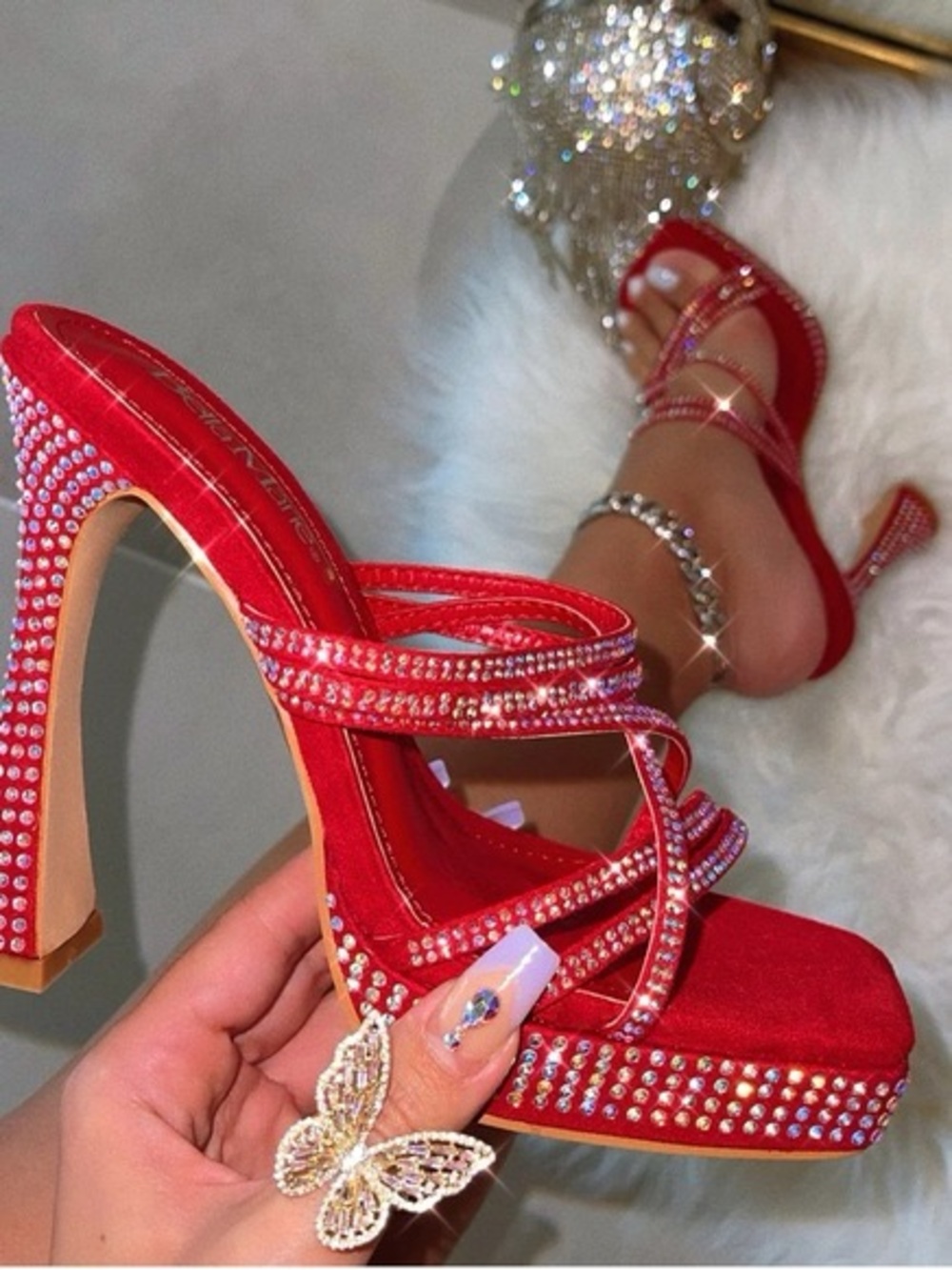 Red Rhinestone Strappy High Heel Sandals - Women